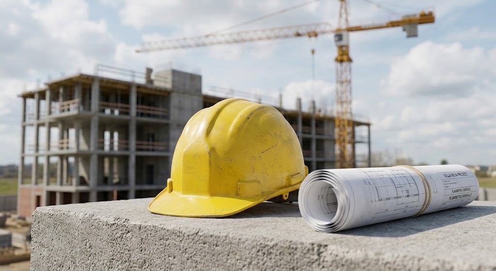 Stazione totale su treppiede davanti a un fabbricato in cantiere